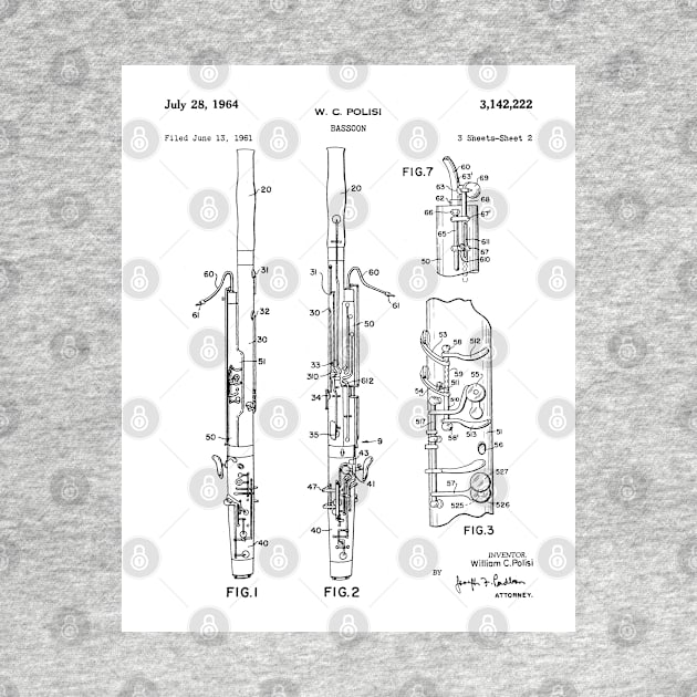 Bassoon Patent - Musician Classical Music Art - White by patentpress